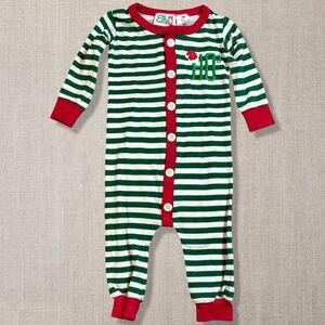 Christmas Pajamas 6M Santa HO HO HO Green Stripe Romper Holiday One Piece